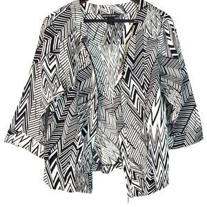 Mirror Image Womens Black & White Geometric Zip Front Jacket Linen Blend 1X